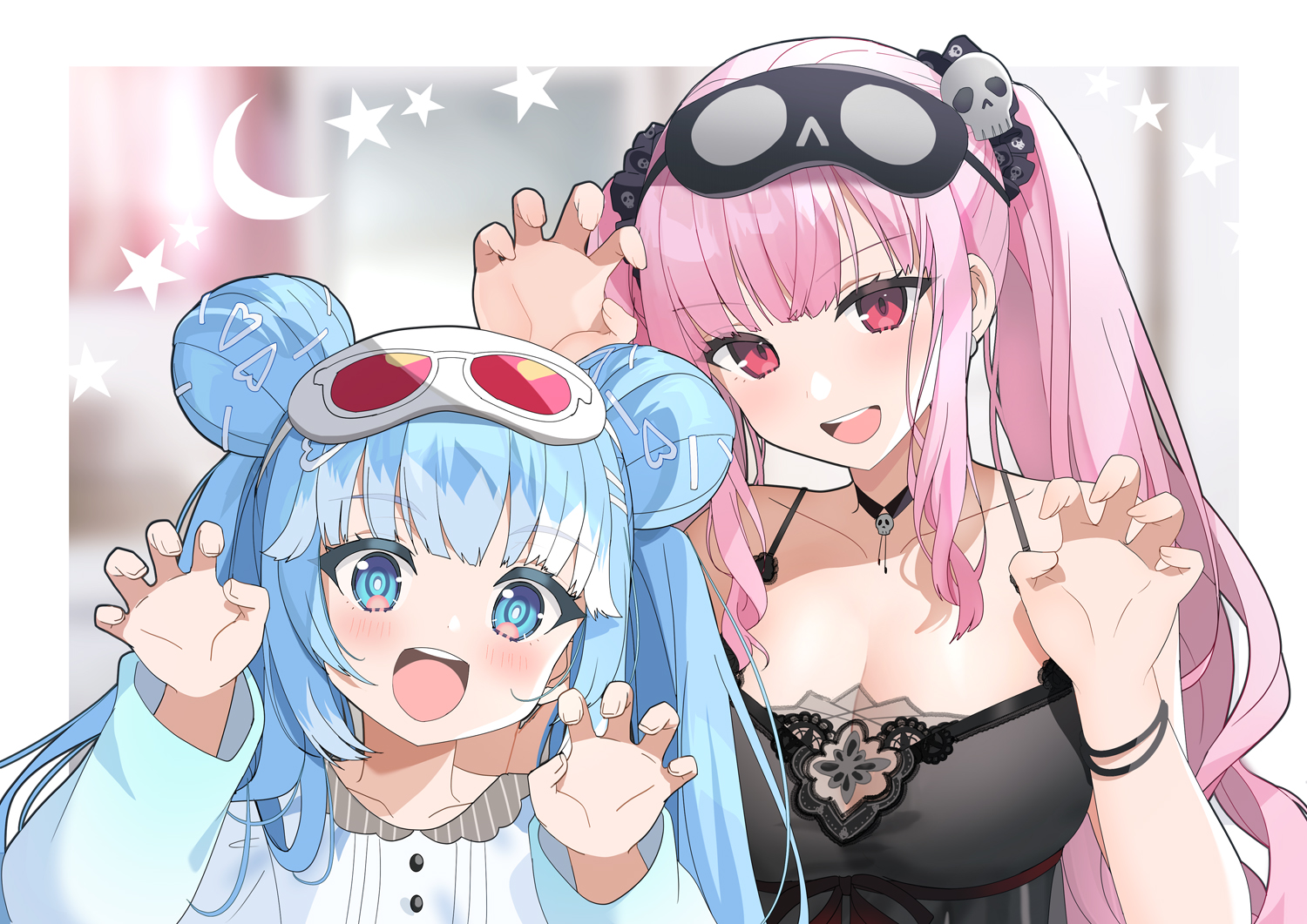 2girls, aqua_eyes, aqua_hair, breasts, cleavage, close, hololive, kobo_kanaeru, kurot, long_hair, mori_calliope, pink_hair, red_eyes