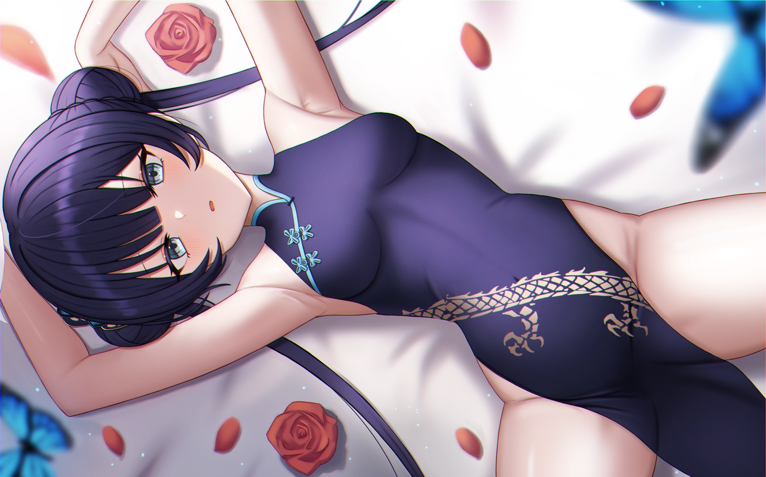 bed, blue_archive, butterfly, chinese_clothes, chinese_dress, dress, flowers, long_hair, melreon, nopan, petals, purple_hair, rose, ryuuge_kisaki, spread_legs, twintails