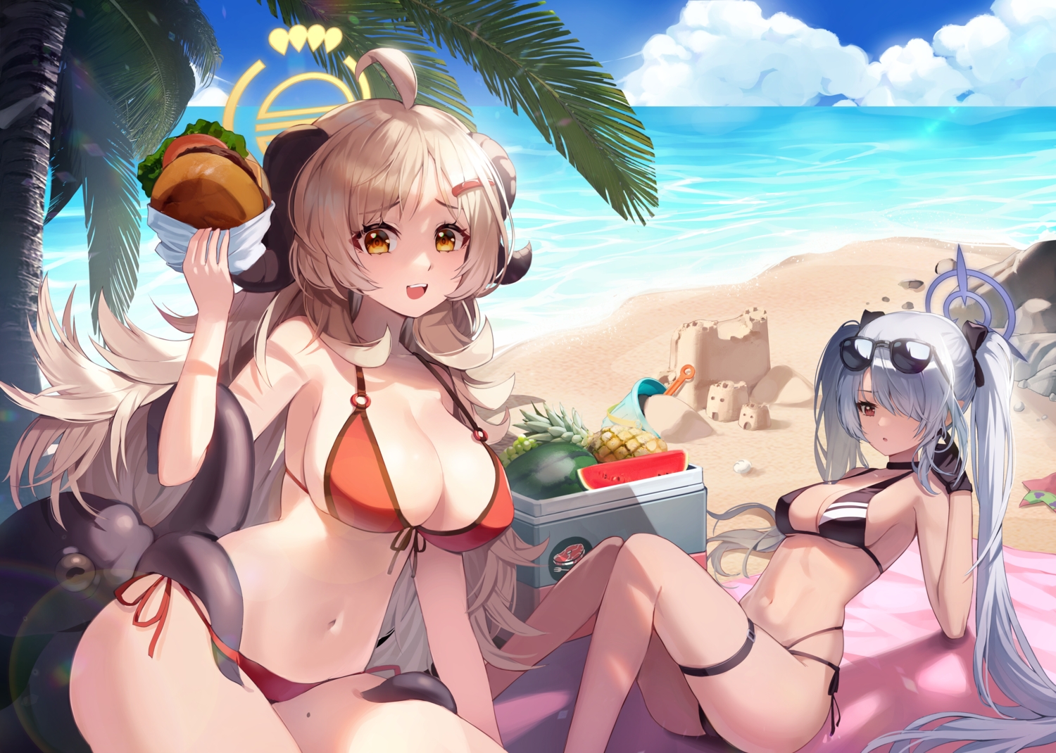 2girls, angel, beach, bikini, blue_archive, brown_eyes, brown_hair, clouds