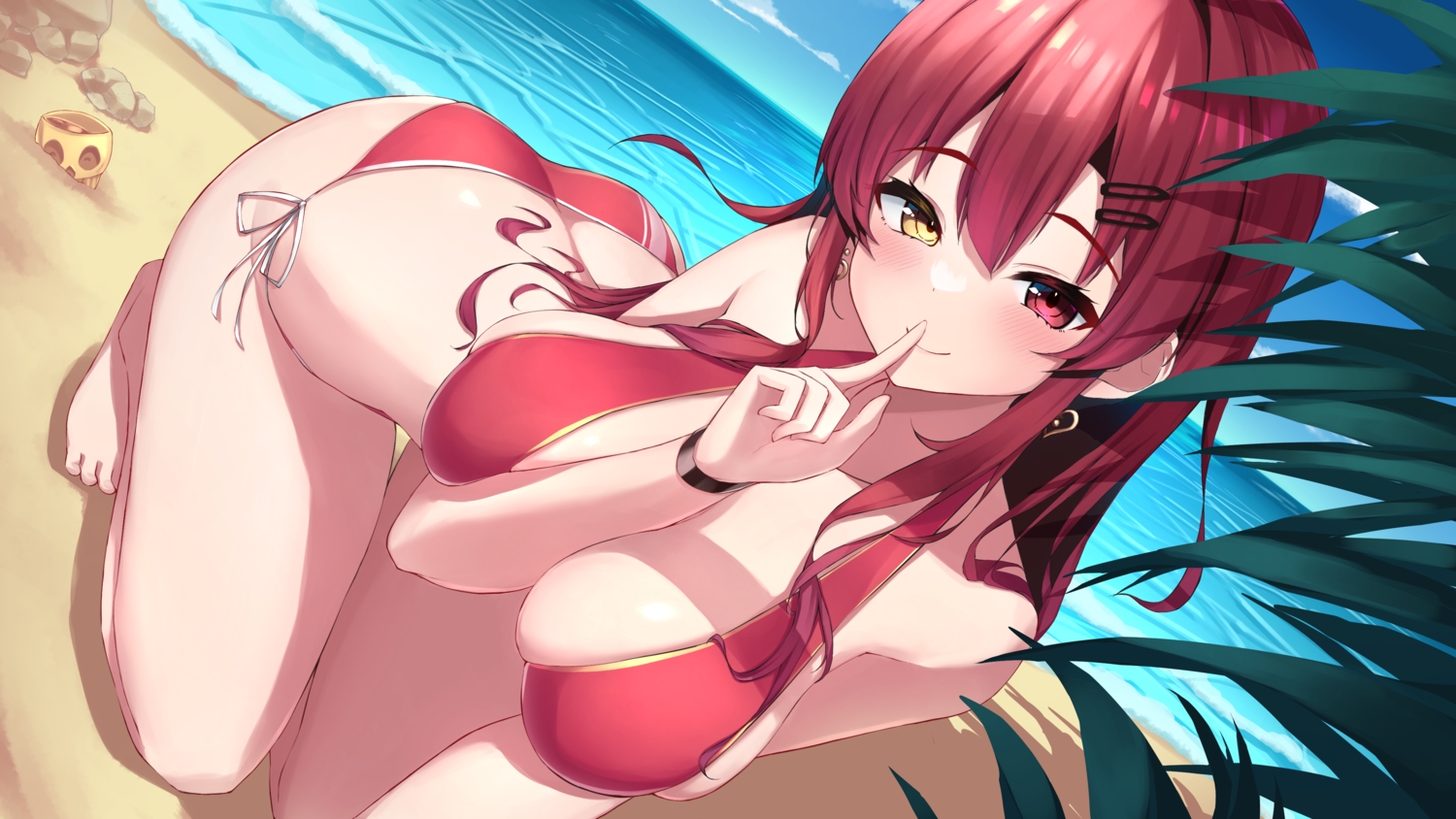 beach, bicolored_eyes, bikini, breast_hold, clouds, hololive, houshou_marine, long_hair, nai_(cnoadi8), purple_eyes, purple_hair, sky, swimsuit, water, yellow_eyes