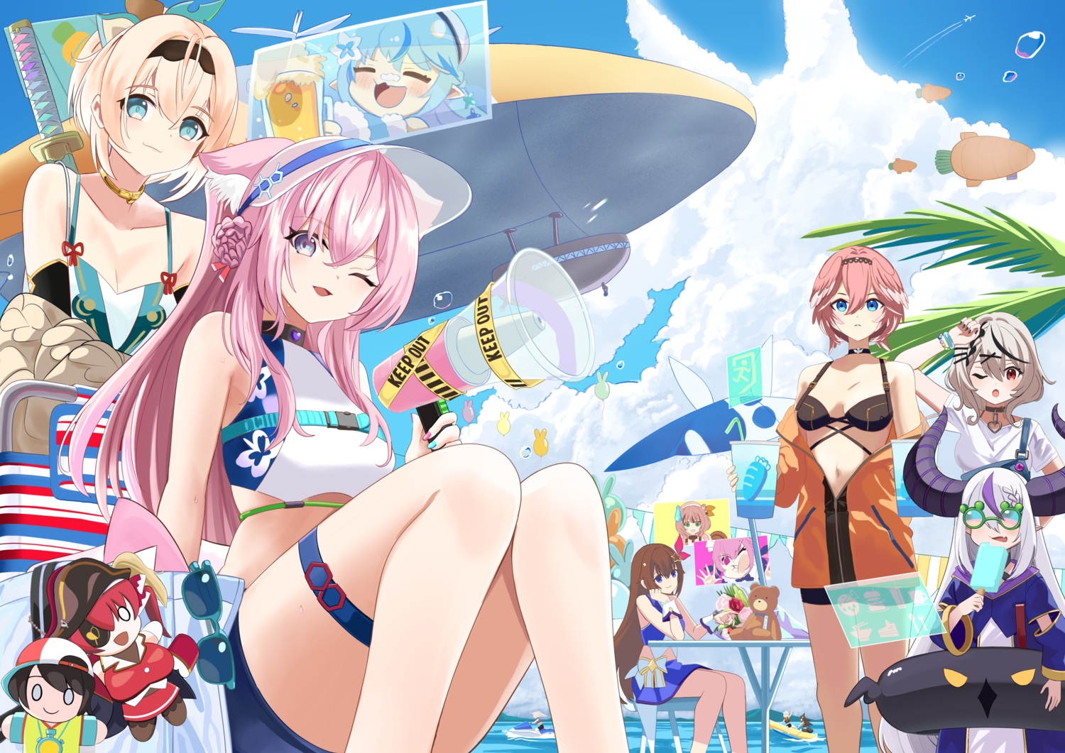 animal_ears, bikini, clouds, demon, doll, group, hakui_koyori, hololive