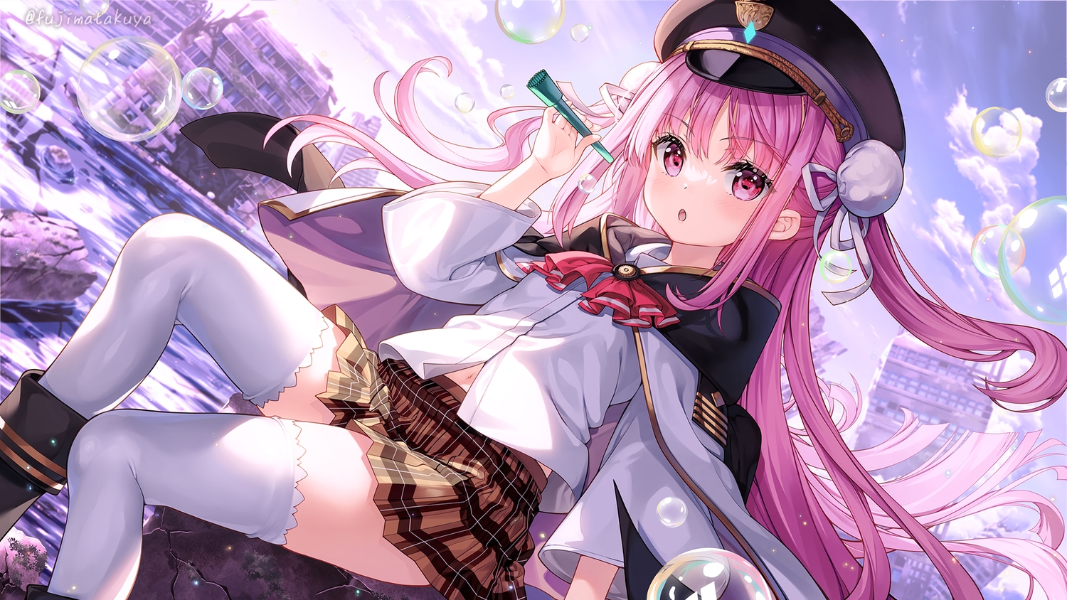 boots, bubbles, building, cape, flat_chest, fujima_takuya, hat, heaven_burns_red