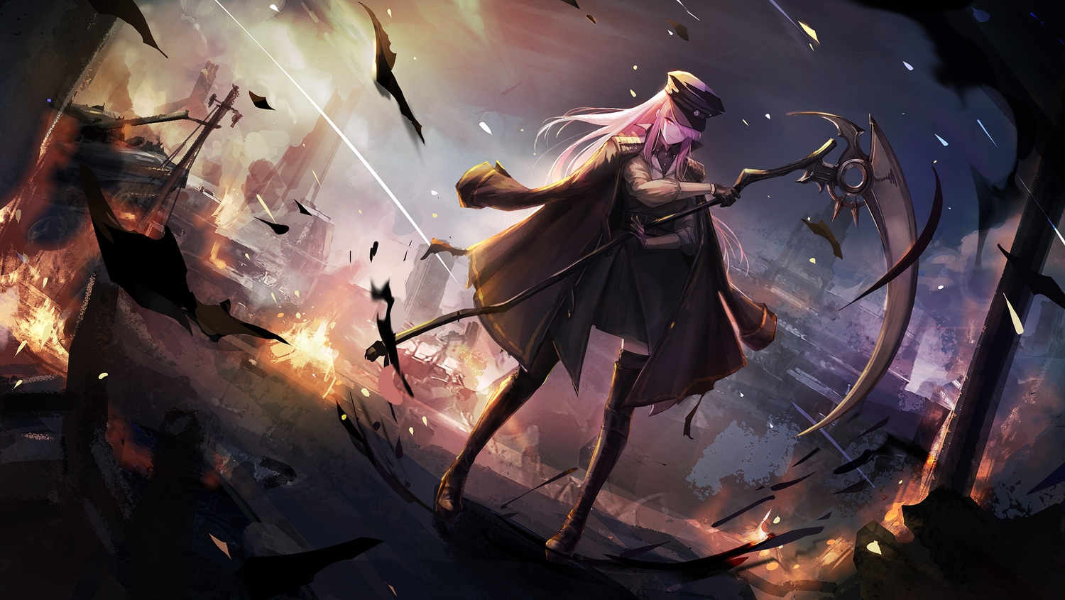 boots, fire, hat, hololive, long_hair, mori_calliope, pink_hair, red_eyes