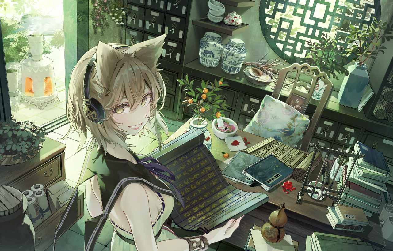 animal_ears, book, brown_eyes, brown_hair, dress, headphones, syuri22, touhou