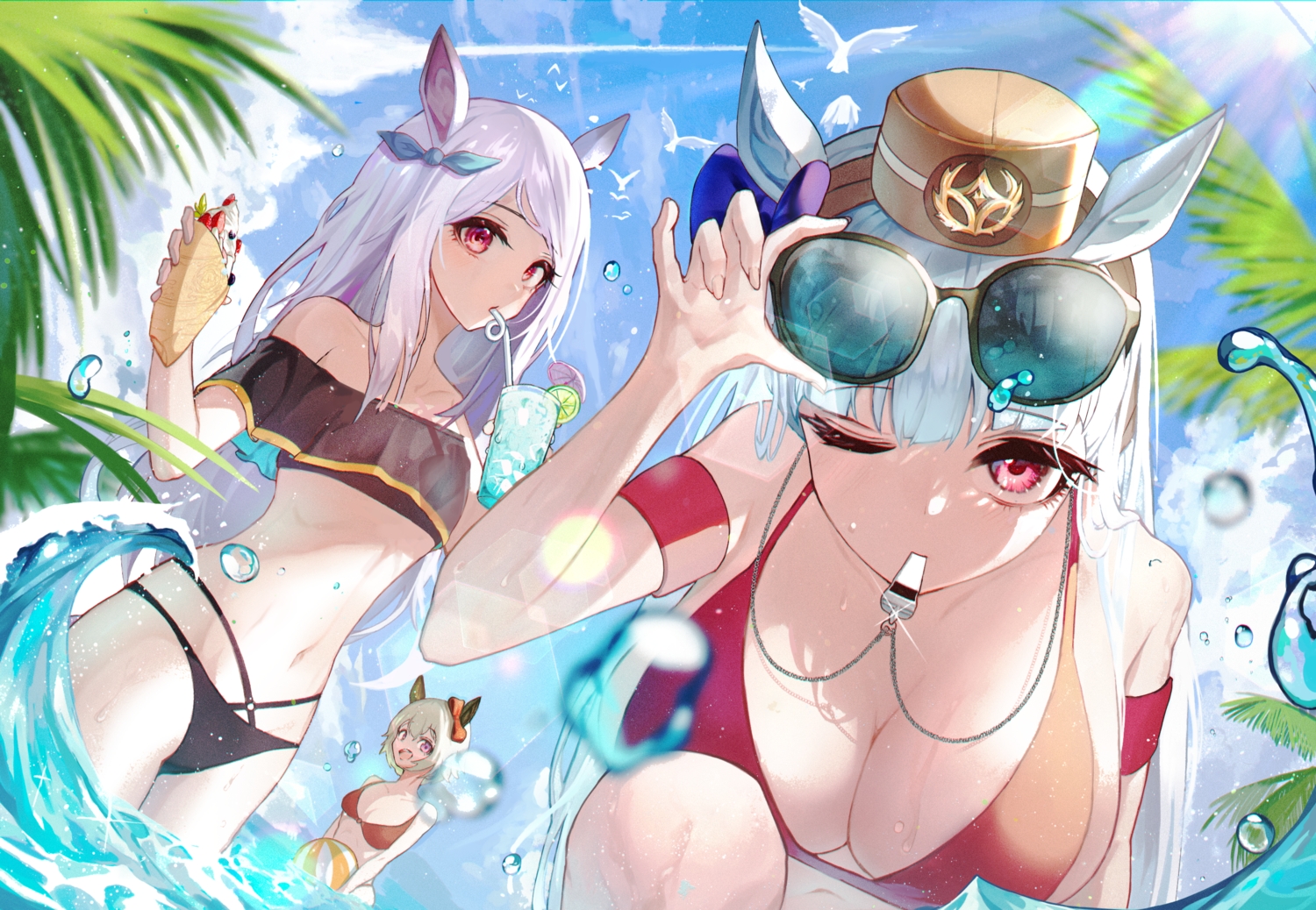 animal, animal_ears, anthropomorphism, ball, bikini, bird, clouds, curren_chan_(umamusume)