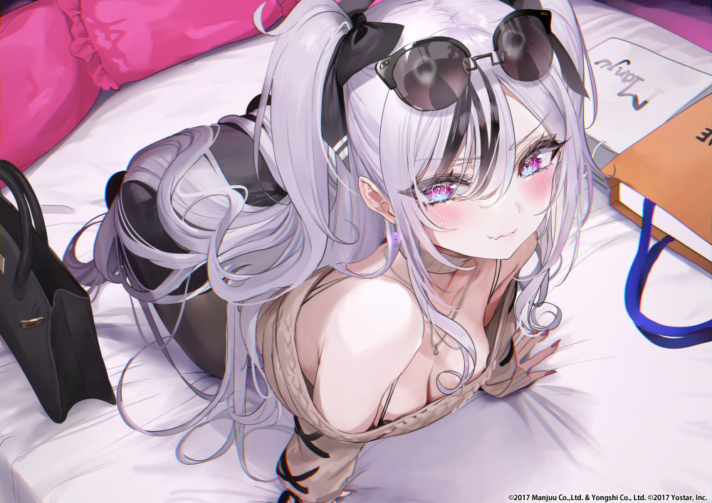 anthropomorphism, azur_lane, bed, blush, bow, breasts, cleavage, elbe_(azur_lane)