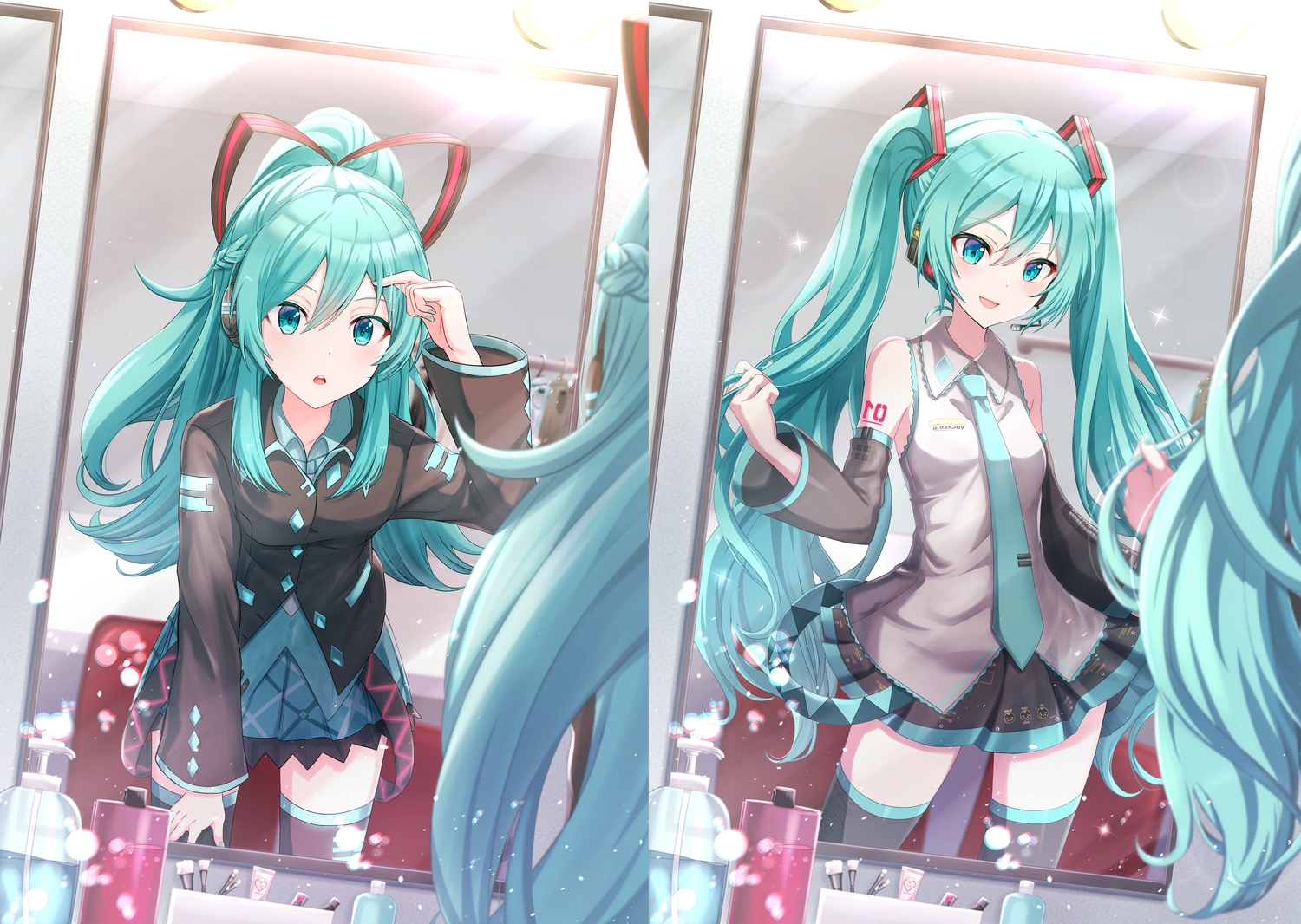 aqua_eyes, aqua_hair, hatsune_miku, hatsune_miku_(if), headphones, itogari, long_hair, mirror, ponytail, reflection, vocaloid