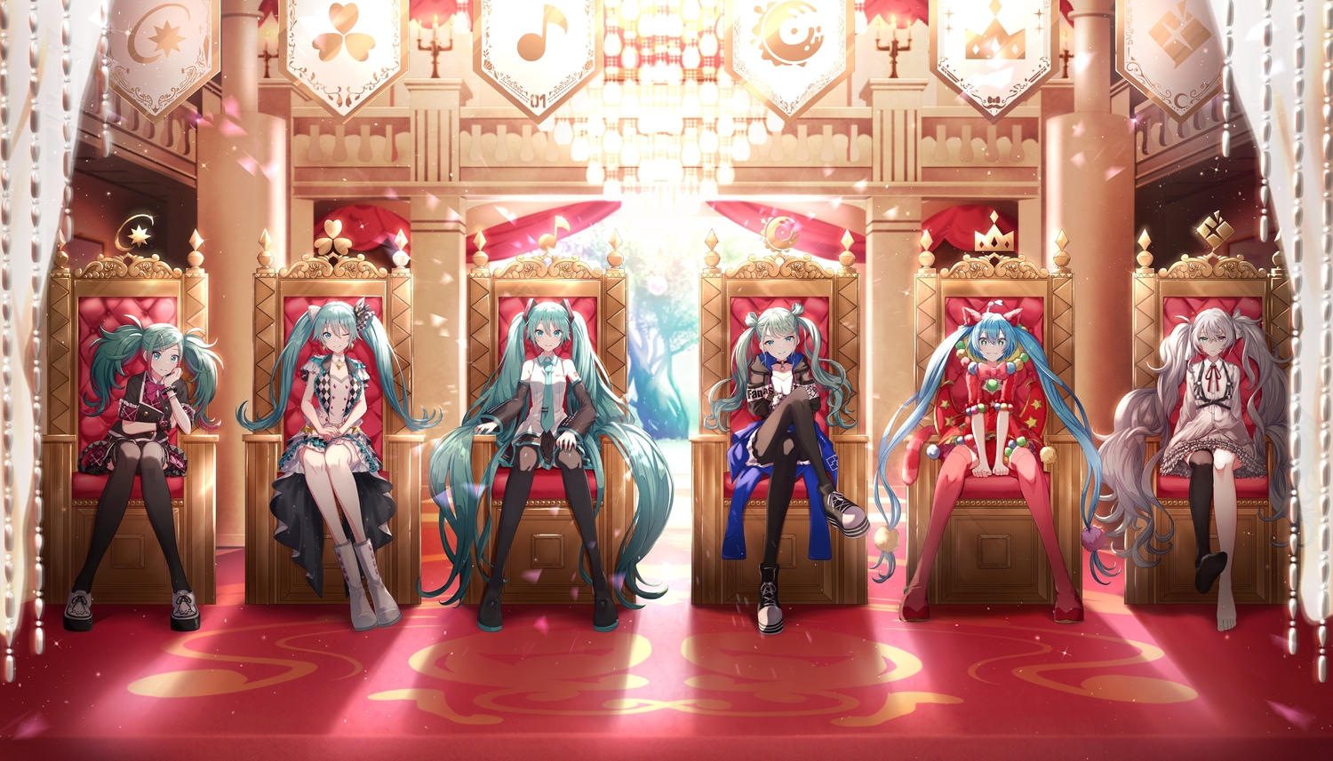animal_ears, aqua_eyes, aqua_hair, barefoot, bicolored_eyes, blue_hair, boots, bow, choker, dress, fang, garter, gray_hair, green_hair, hatsune_miku, itogari, long_hair, project_sekai, skirt, tail, thighhighs, twintails, vocaloid, wink, wristwear