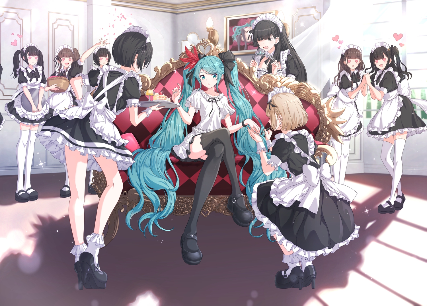 apron, aqua_eyes, aqua_hair, black_hair, bow, brown_hair, cake, crown, dress, food, hatsune_miku, headdress, itogari, long_hair, maid, short_hair, socks, thighhighs, twintails, vocaloid, world_is_mine_(vocaloid), wristwear, zettai_ryouiki