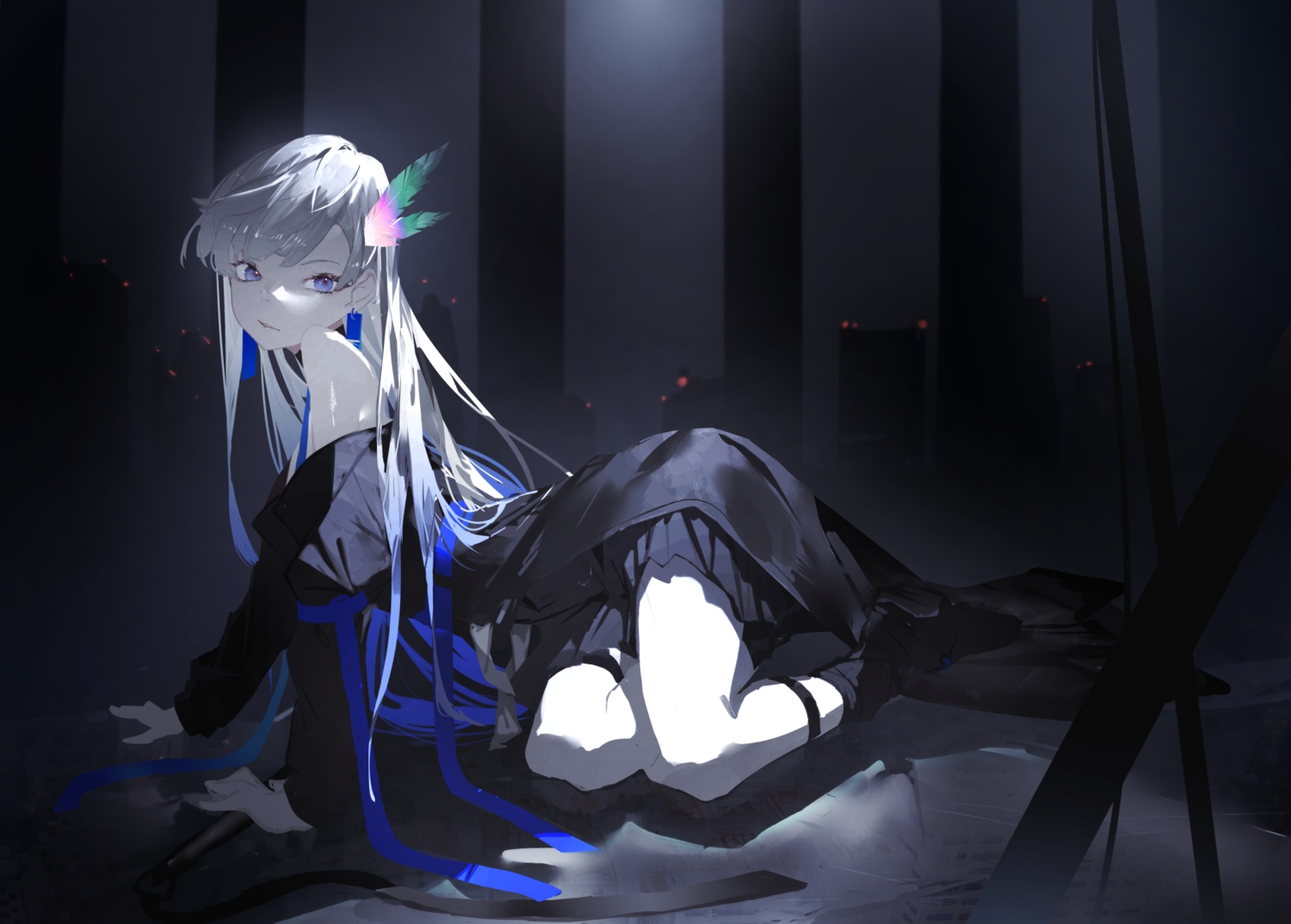 blue_eyes, boots, dress, gray_hair, kuronoiparoma, long_hair, vesperbell, yomi_(vesperbell)