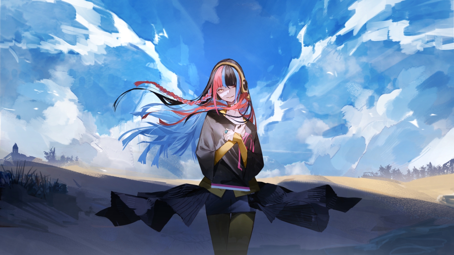 clouds, harusaruhi, headphones, kamitsubaki_studio, kuronoiparoma, long_hair, sky