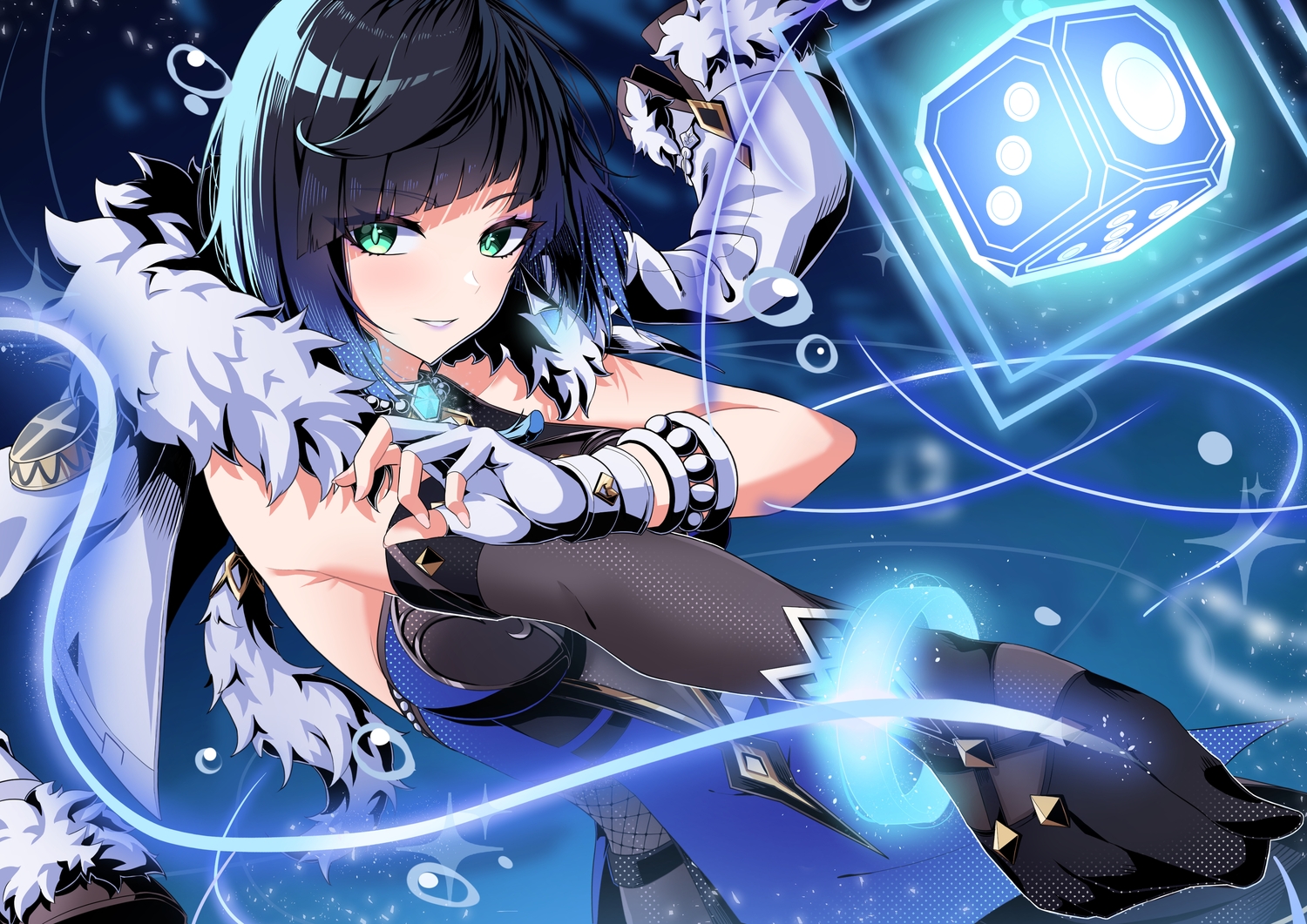 black_hair, genshin_impact, gloves, green_eyes, short_hair, yelan_(genshin_impact), yuito_(yuitokobunasbs0)