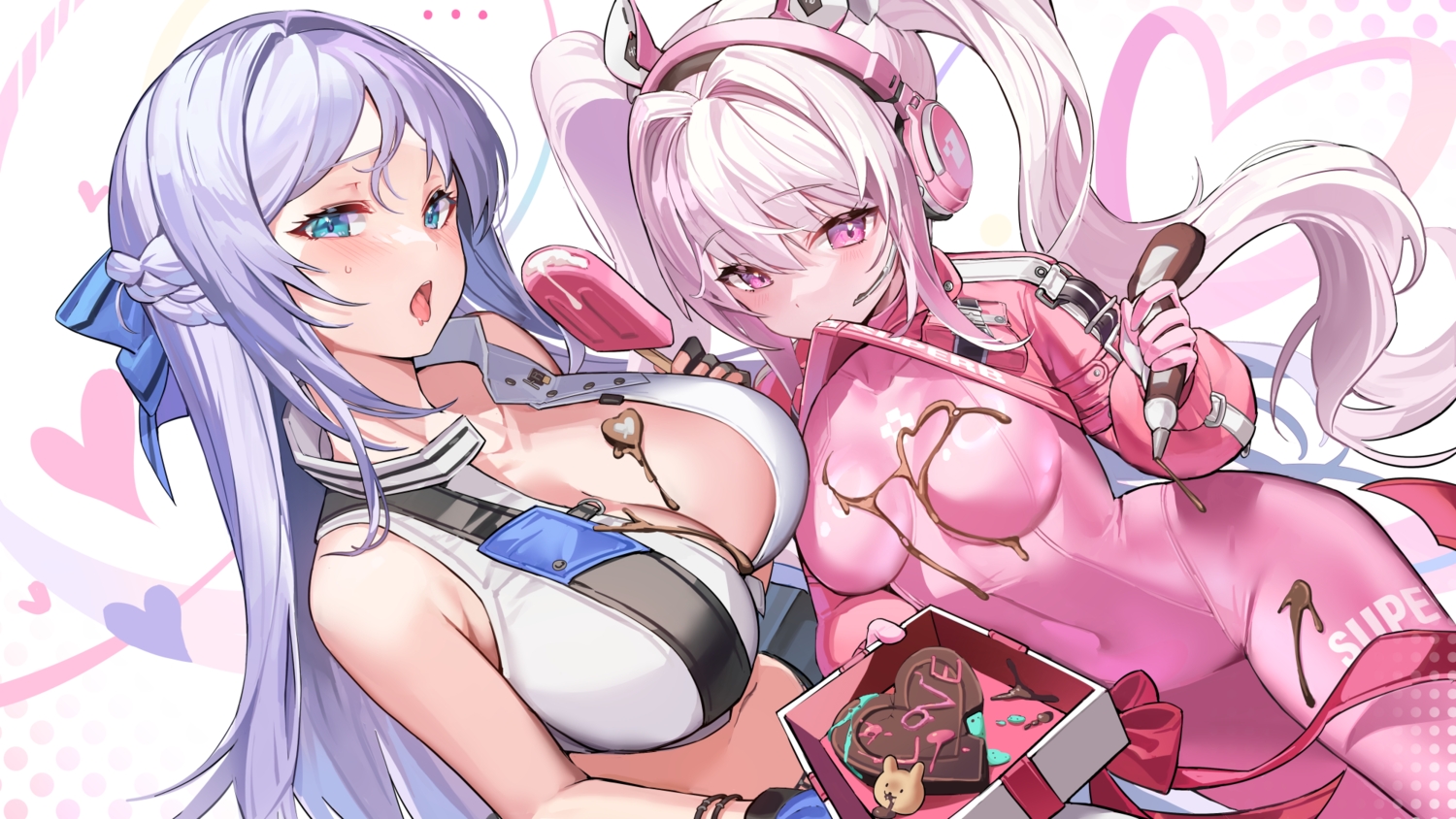 2girls, alice_(nikke), bodysuit, braids, chocolate, folkwang_(nikke), food, goddess_of_victory:_nikke