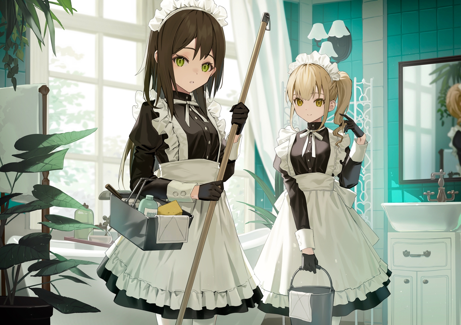 2girls, blonde_hair, brown_eyes, brown_hair, gloves, green_eyes, headband, leaves