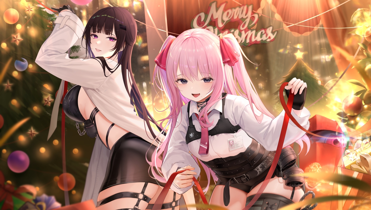 2girls, black_eyes, blush, brown_hair, choker, christmas, fang, garter, gloves, goddess_of_victory:_nikke, long_hair, mihara_(nikke), pink_hair, purple_eyes, ribbons, shackles, shirt, shorts, skirt, tagme_(artist), tie, twintails, yuni_(nikke)