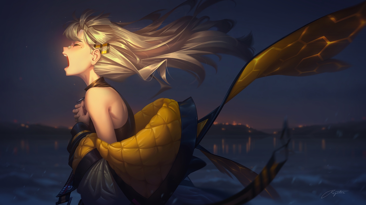bandaid, beach, gray_hair, hachi_(live_union), live_union, long_hair, night, regition, signed, water