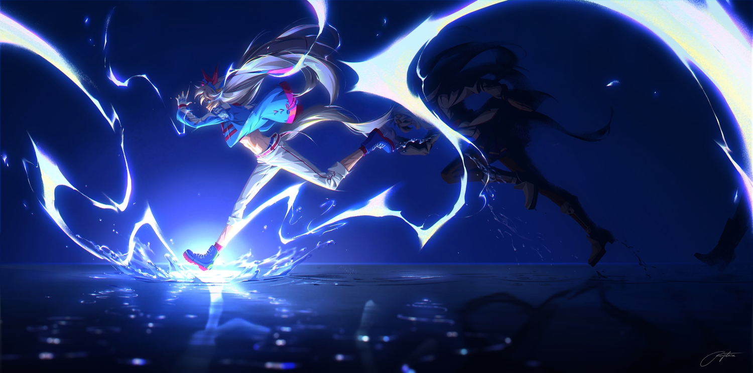 anthropomorphism, blue_eyes, boots, dark, gloves, gray_hair, long_hair, regition, signed, tamamo_cross_(umamusume), uma_musume:_pretty_derby, water
