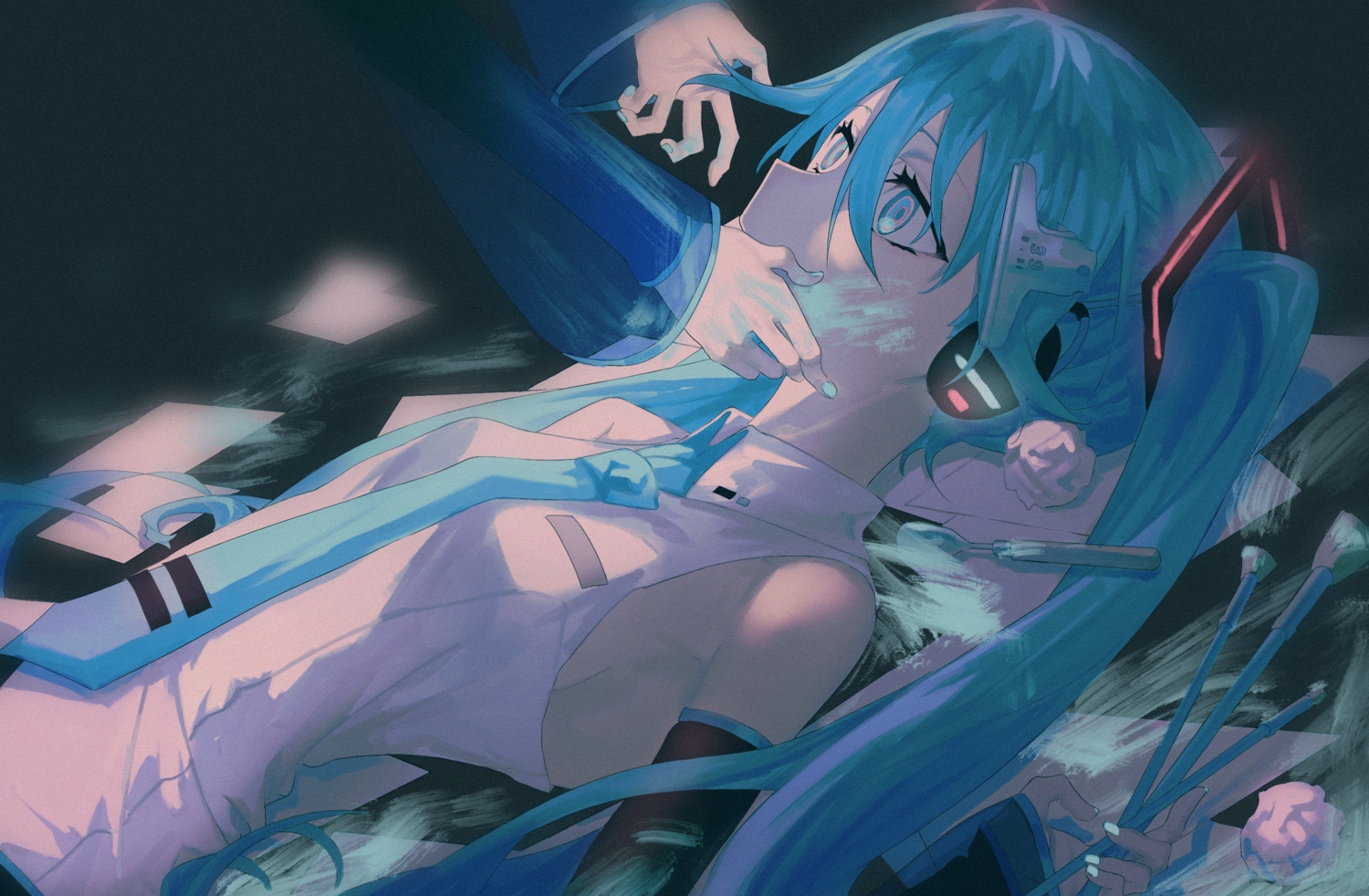 blue_eyes, blue_hair, hatsune_miku, huaji_niang, polychromatic, tie, vocaloid