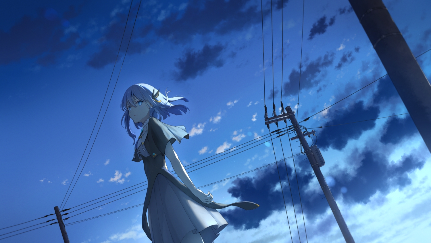 anyotete, blue_eyes, blue_hair, ciel_(kamitsubaki_studio), clouds, dress, kamitsubaki_studio, short_hair, sky