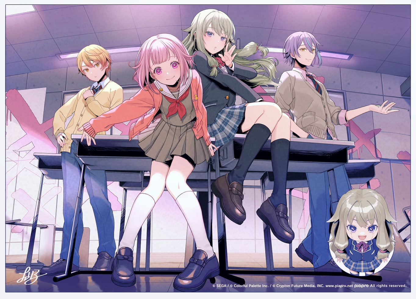 cherico, chibi, group, kamishiro_rui, kneehighs, kusanagi_nene, male, ootori_emu, project_sekai, school_uniform, signed, tenma_tsukasa