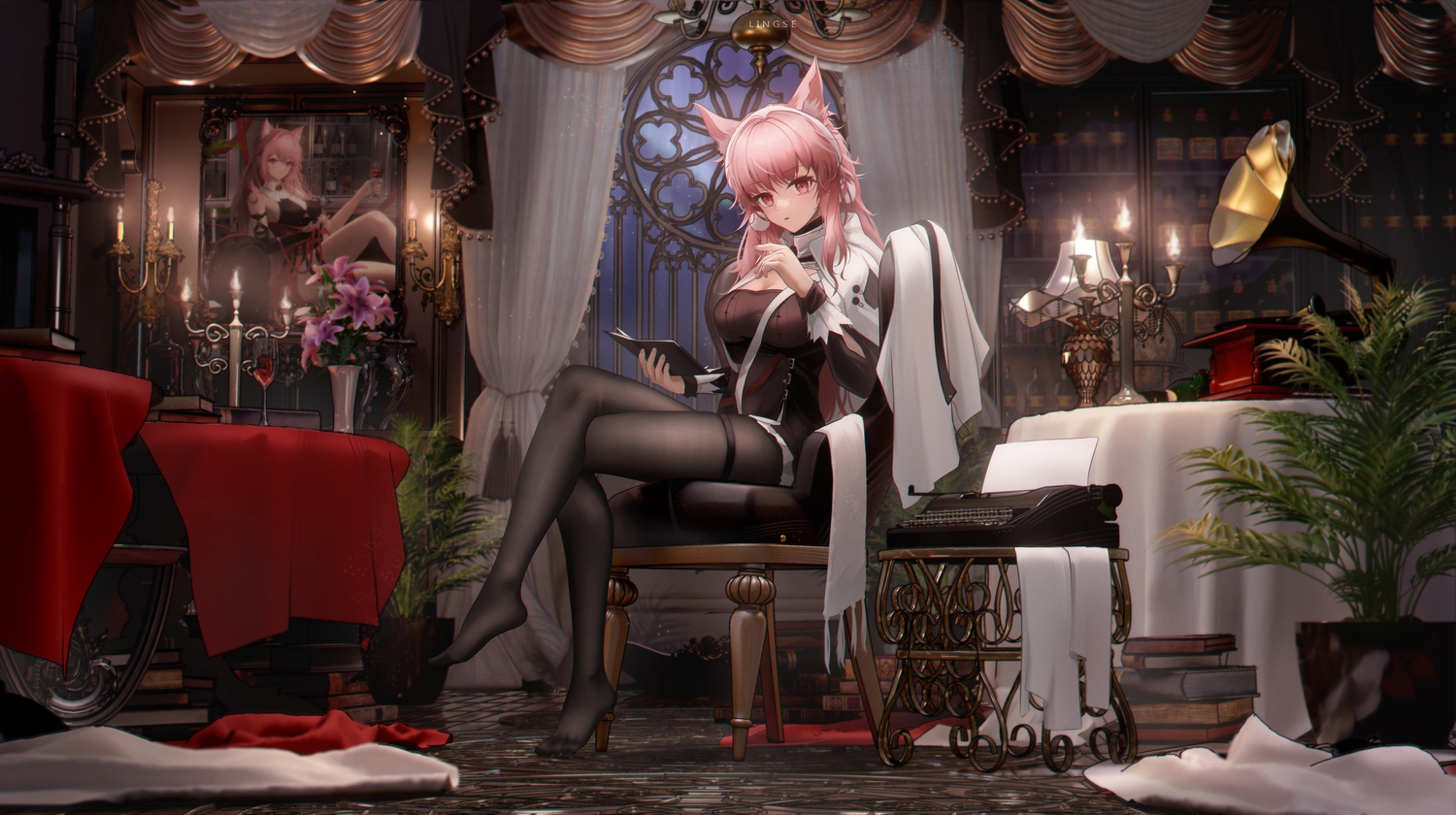3d, animal_ears, arknights, book, flowers, ling_dianxia, long_hair, pantyhose