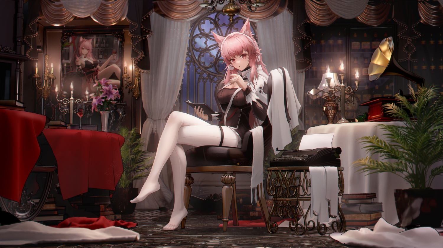 3d, animal_ears, arknights, book, flowers, ling_dianxia, long_hair, pantyhose