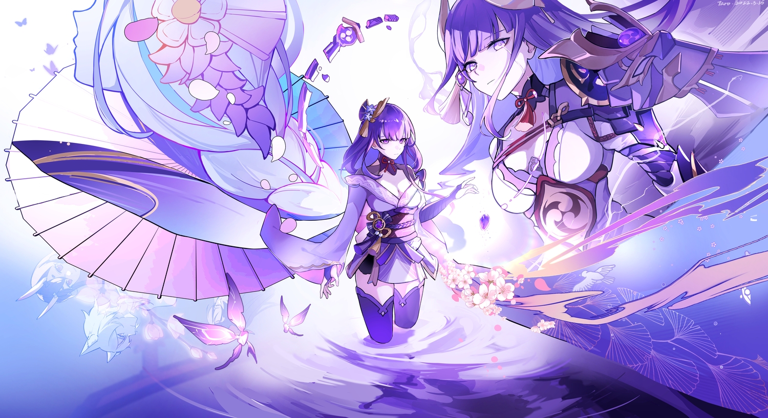 butterfly, crackingtaro, genshin_impact, japanese_clothes, long_hair, purple_eyes, purple_hair, raiden_shogun, thighhighs, water