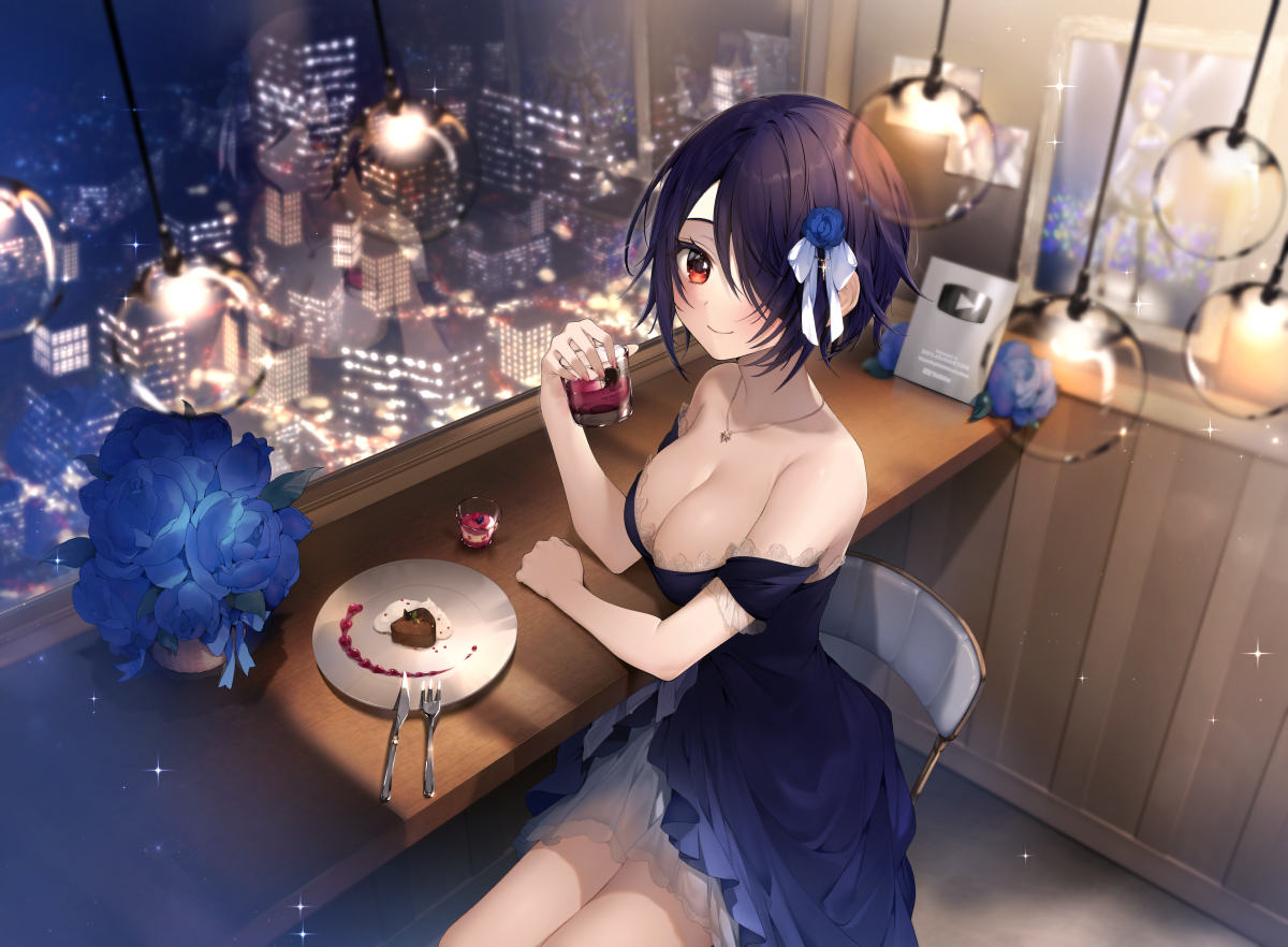 amenosaka_nono, aogiri_koukou, building, city, dress, drink, flowers, food, necklace, ontama_tamako, purple_hair, red_eyes, short_hair