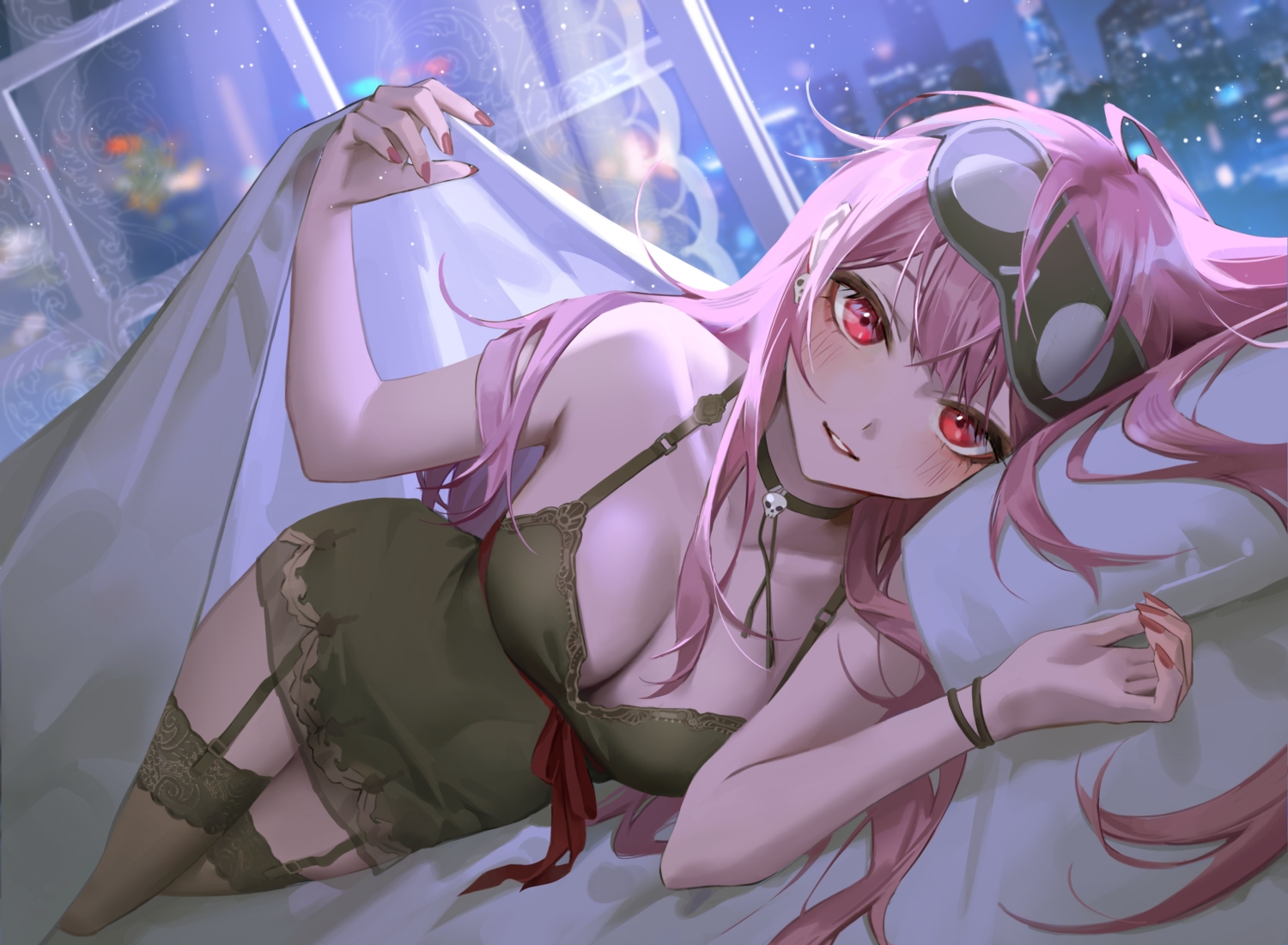 bed, blush, building, city, dress, garter_belt, hololive, jyuma, long_hair, mask, mori_calliope, no_bra, purple_hair, red_eyes, stockings, zettai_ryouiki