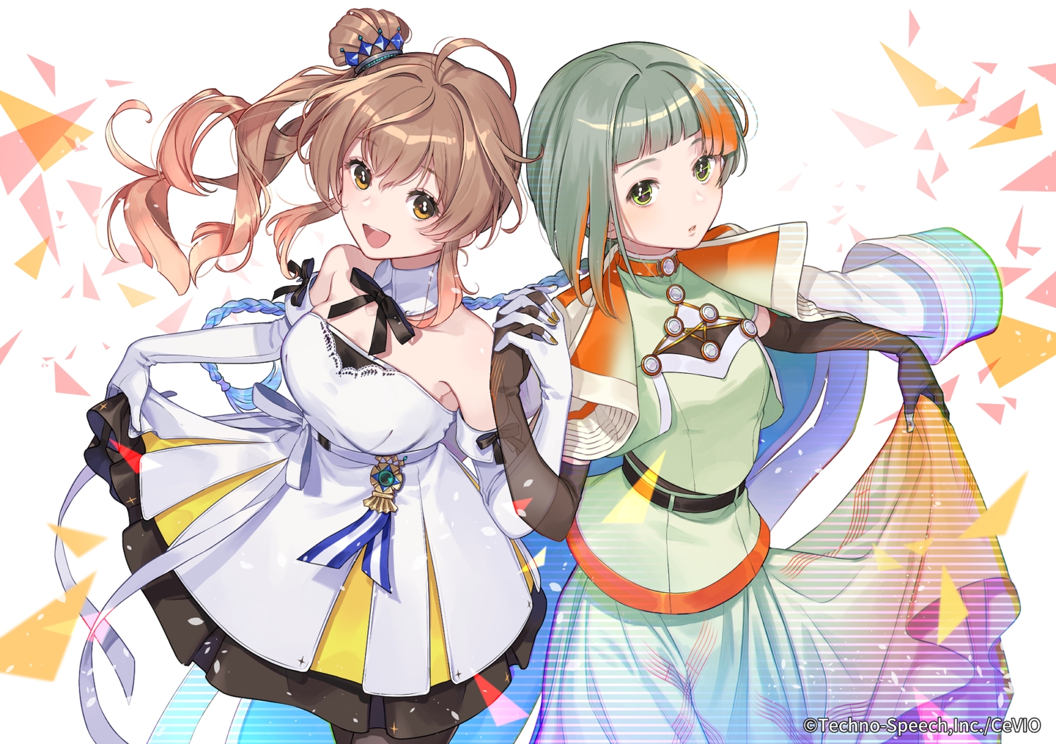 2girls, brown_eyes, brown_hair, cevio, cherico, chis-a, elbow_gloves, gloves