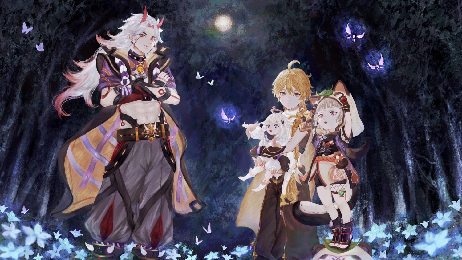 aether_(genshin_impact), arataki_itto, butterfly, flowers, forest, genshin_impact, group, loli