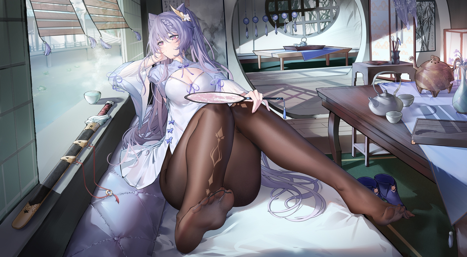 animal_ears, breasts, chinese_clothes, chinese_dress, cleavage, dress, fan, genshin_impact, keqing_(genshin_impact), long_hair, pantyhose, purple_eyes, purple_hair, sword, uaxa2334, weapon