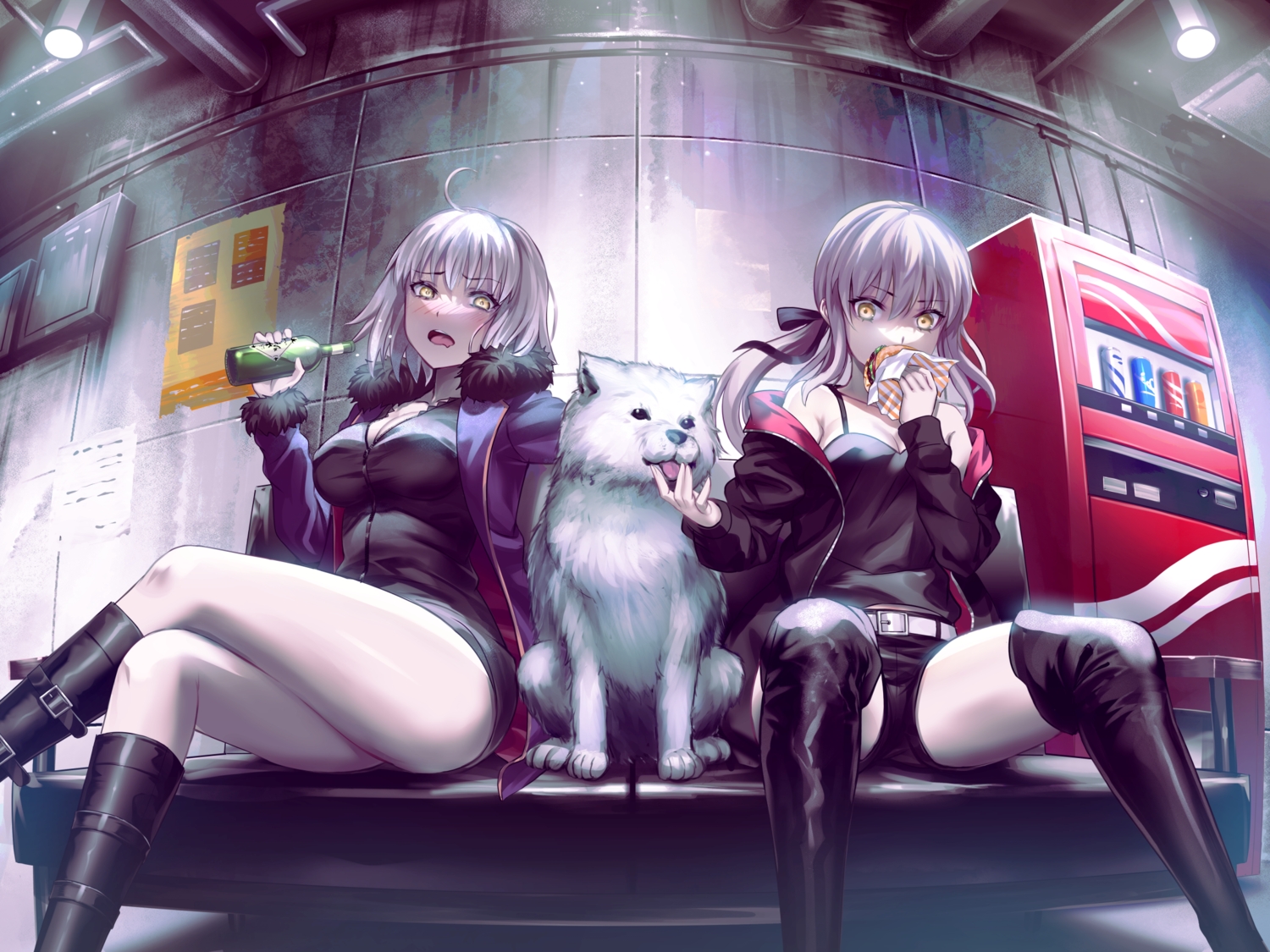 2girls, animal, artoria_pendragon_(all), blush, dog, drink, fate/grand_order, fate_(series)