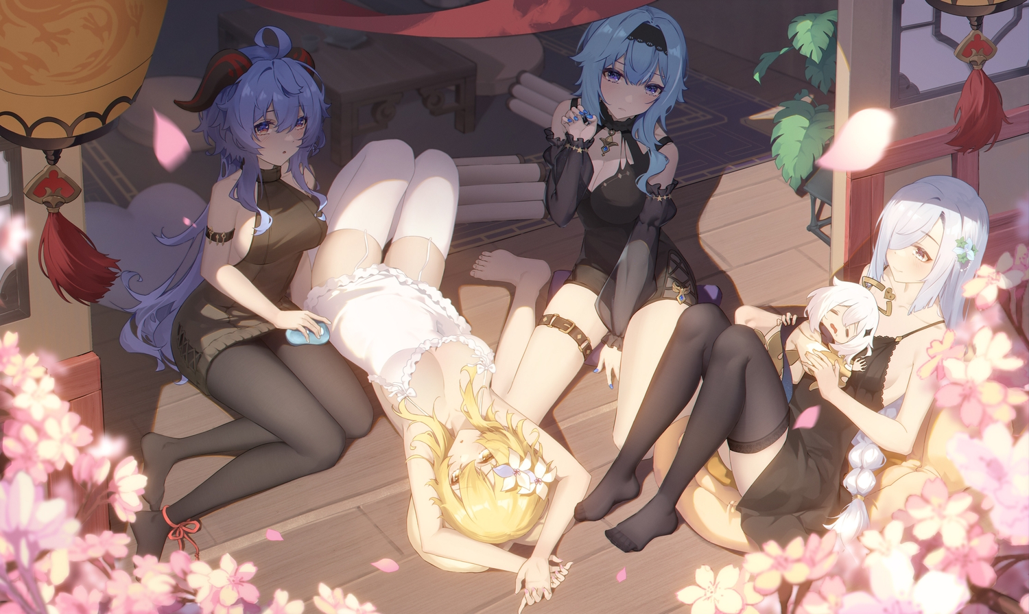blonde_hair, blue_hair, breasts, brown_eyes, cherry_blossoms, dress, eula_lawrence, flowers, ganyu_(genshin_impact), genshin_impact, gray_hair, group, headband, heiyizhushenxia, horns, loli, lumine_(genshin_impact), no_bra, paimon_(genshin_impact), panties, purple_eyes, shenhe_(genshin_impact), sideboob, sleeping, thighhighs, underwear, white_hair, yellow_eyes