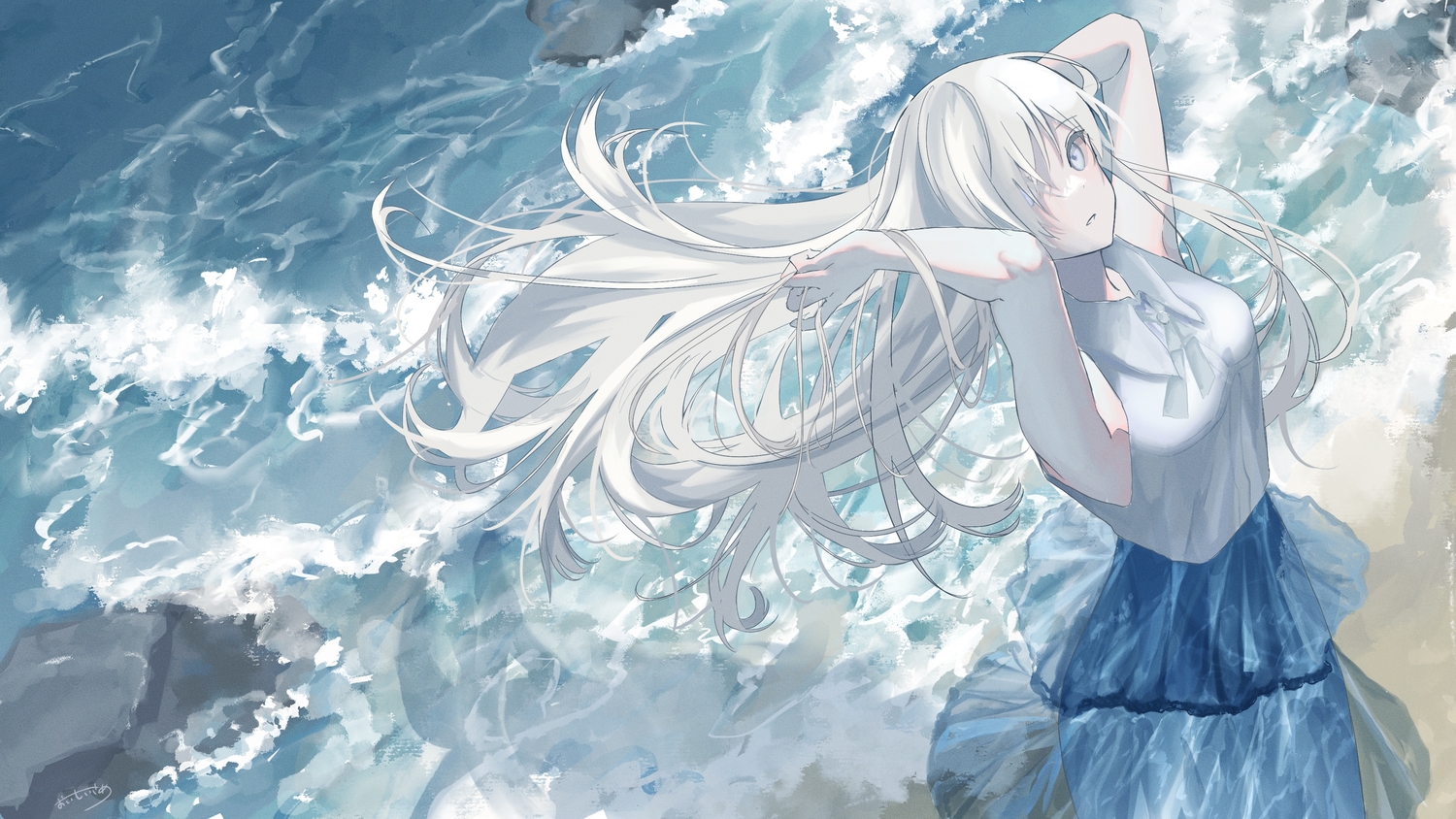 beach, long_hair, original, signed, sutera_sea, water, white