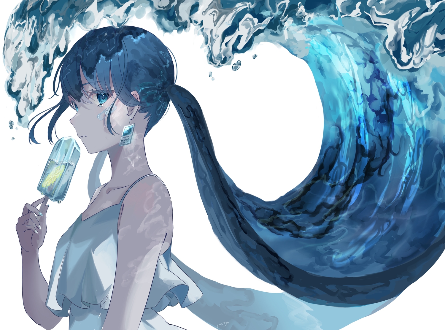 bandaid, blue_eyes, blue_hair, long_hair, original, popsicle, signed, summer