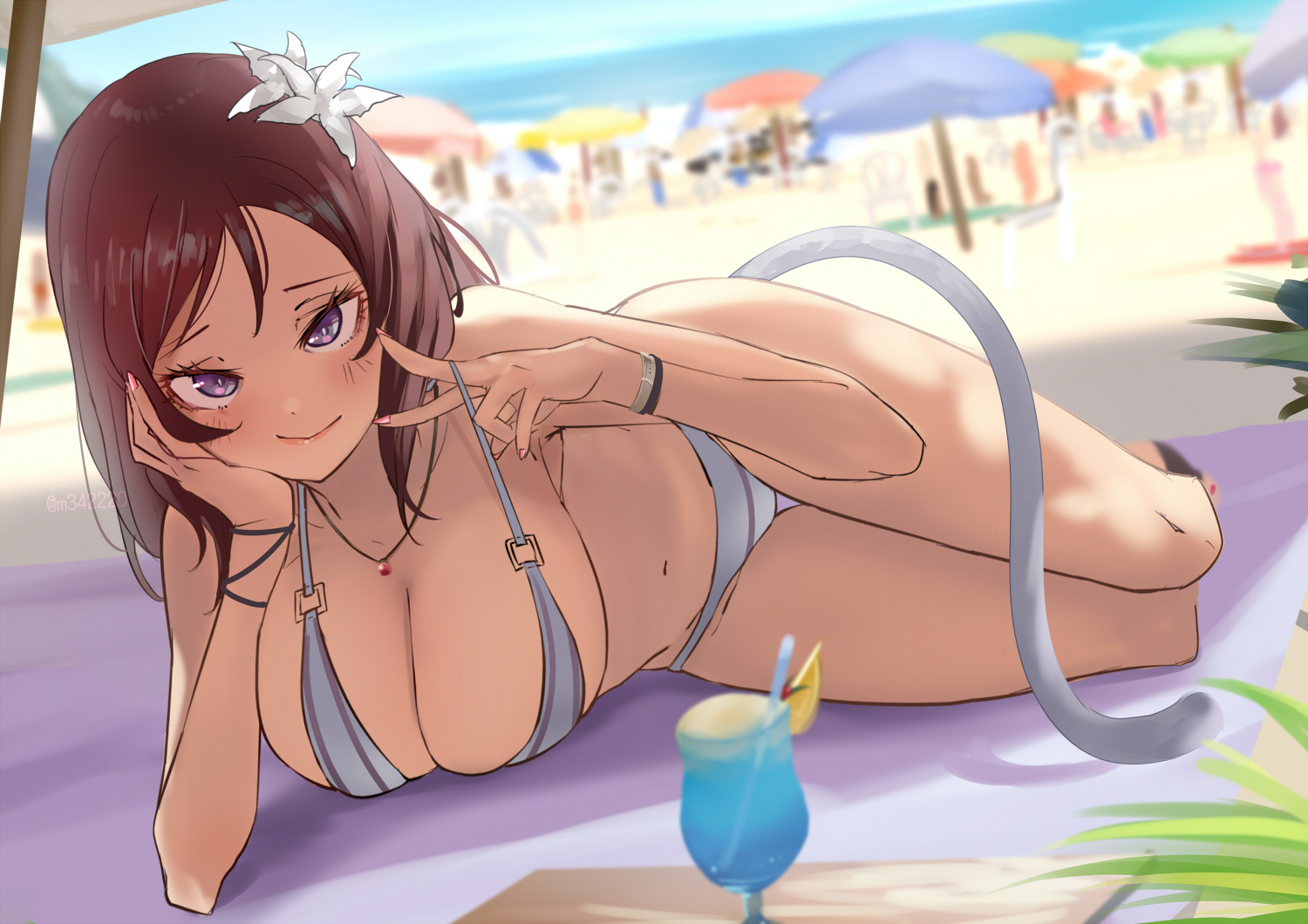 beach, bikini, breasts, bunbun_(midukikome), cleavage, drink, love_live!_school_idol_project, necklace