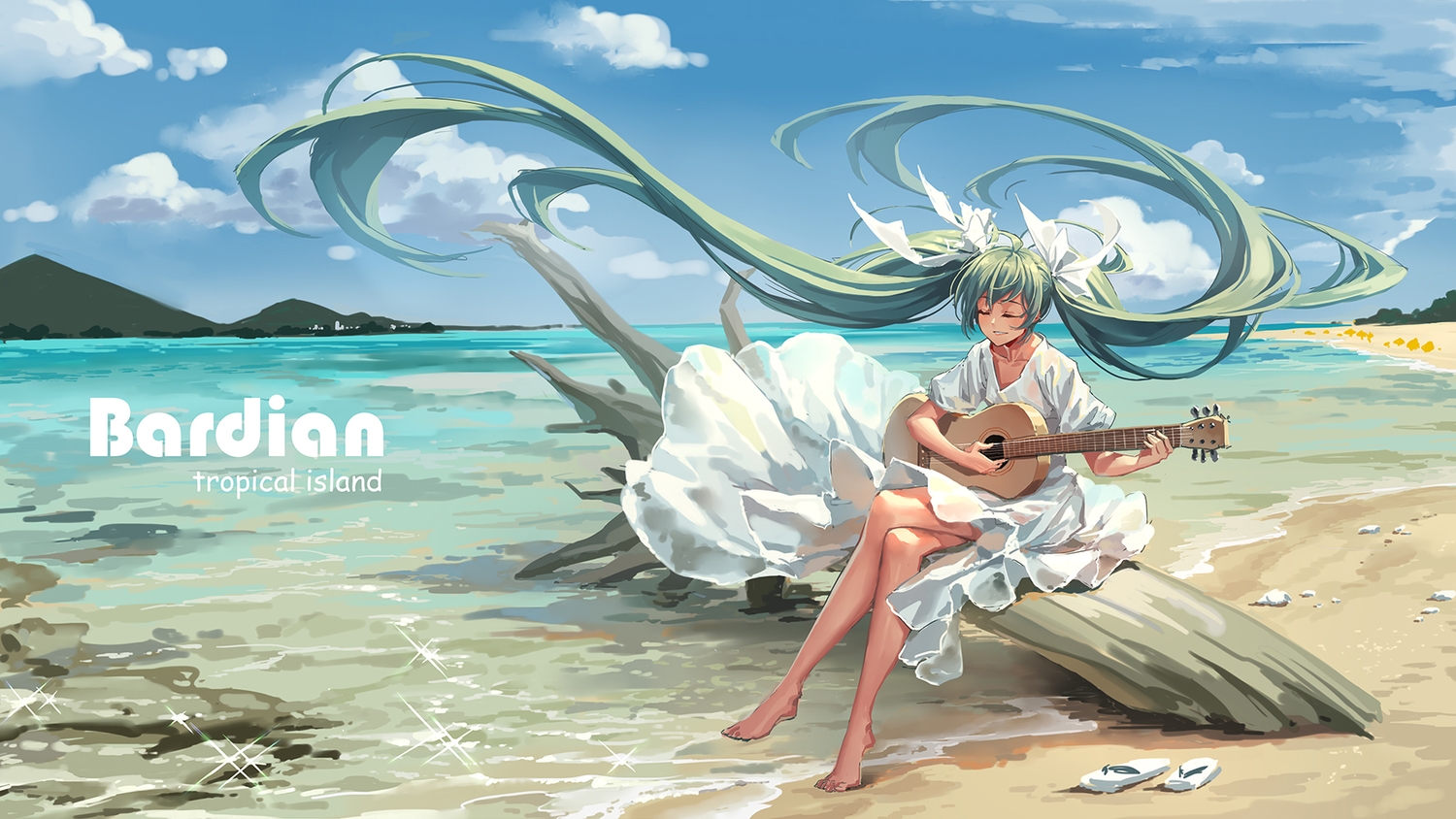 aqua_hair, barefoot, beach, clouds, dress, guitar, hatsune_miku, instrument