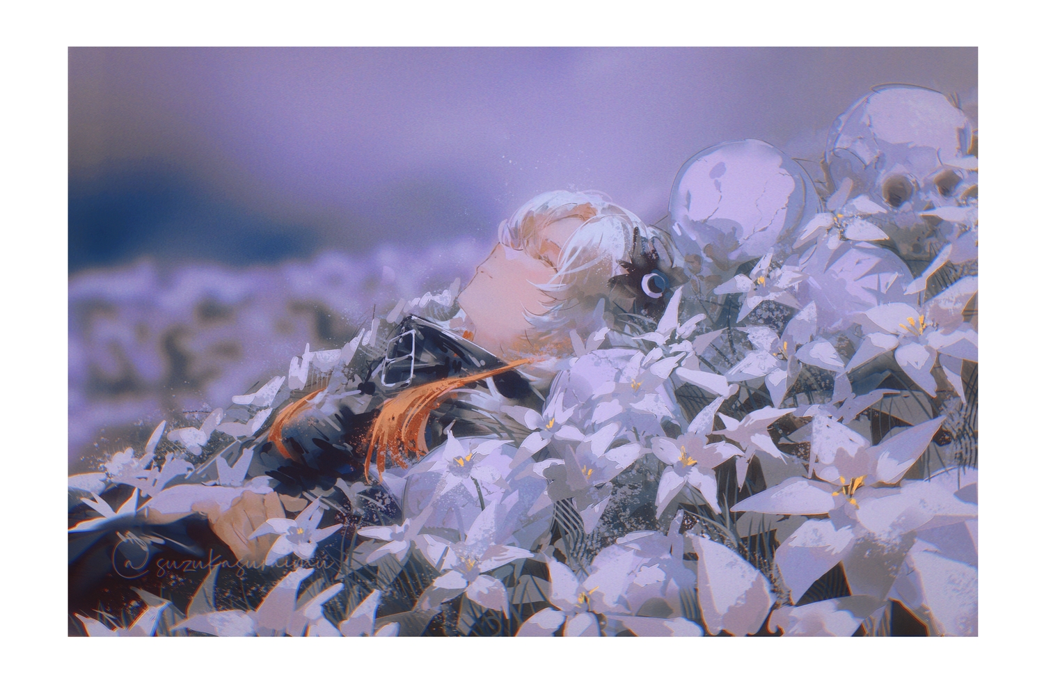 brown_hair, flowers, isekaijoucho, kamitsubaki_studio, long_hair, signed, skull, sleeping