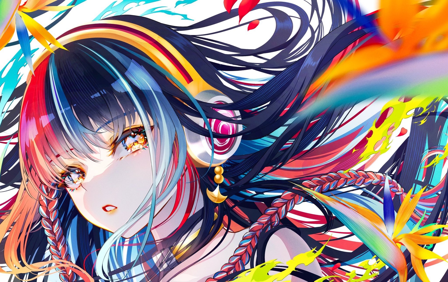 black_hair, braids, close, harusaruhi, headphones, kamitsubaki_studio, long_hair, orange_eyes, red_hair, sano_someha