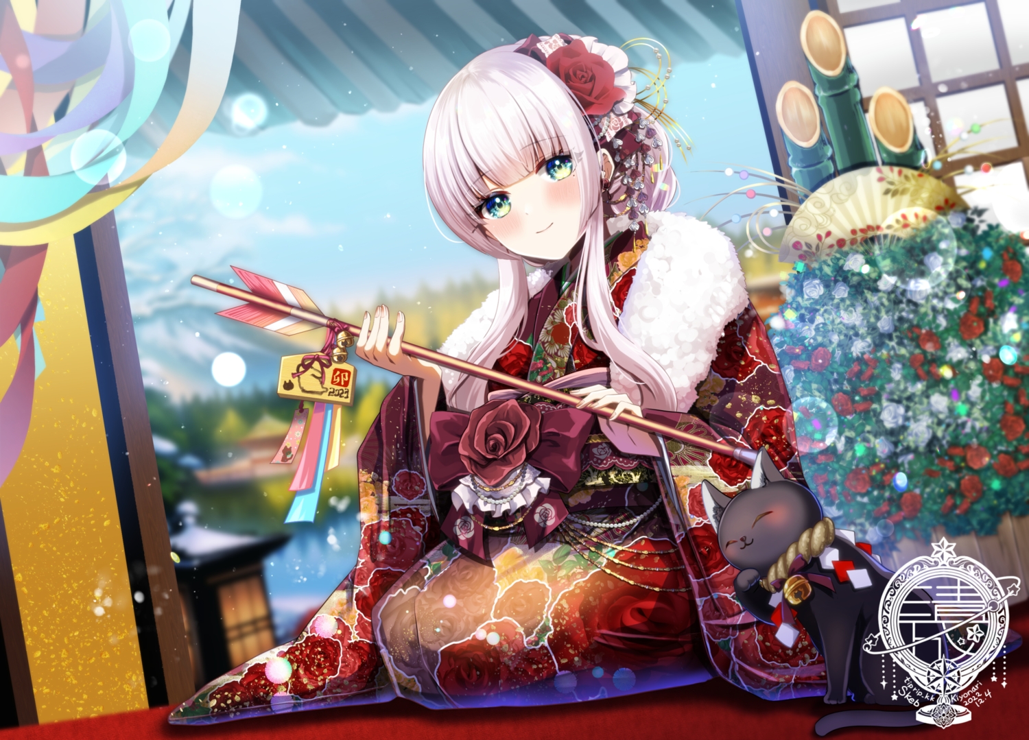 blush, gray_hair, green_eyes, japanese_clothes, kimono, long_hair, otohana_rubia, tiprip_kk, watermark