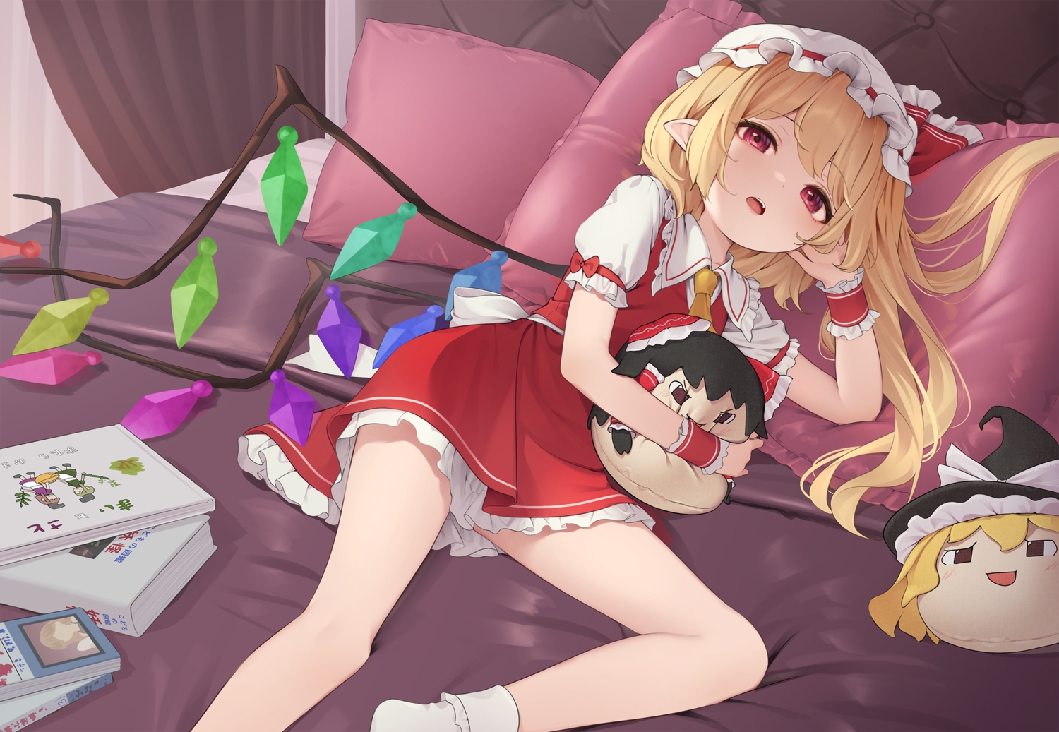 bed, blonde_hair, book, dress, flandre_scarlet, hat, kanpa_(campagne_9), loli
