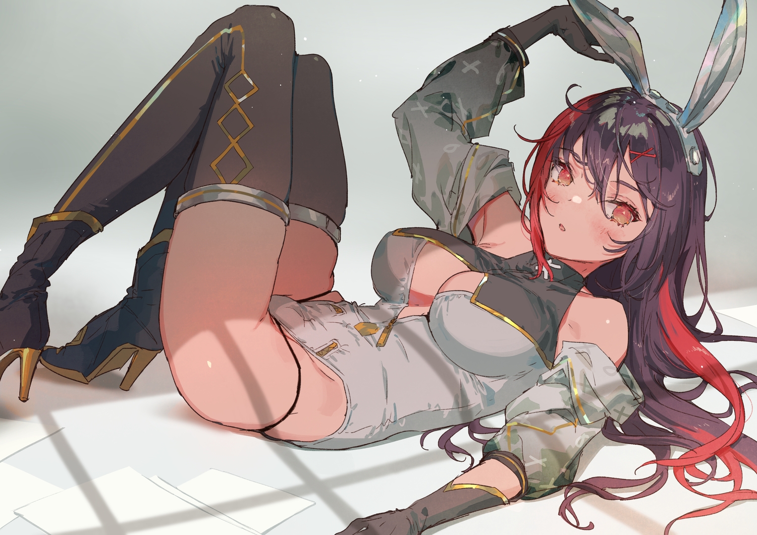 animal_ears, blush, boots, breasts, bunny_ears, bunnygirl, cleavage, gloves