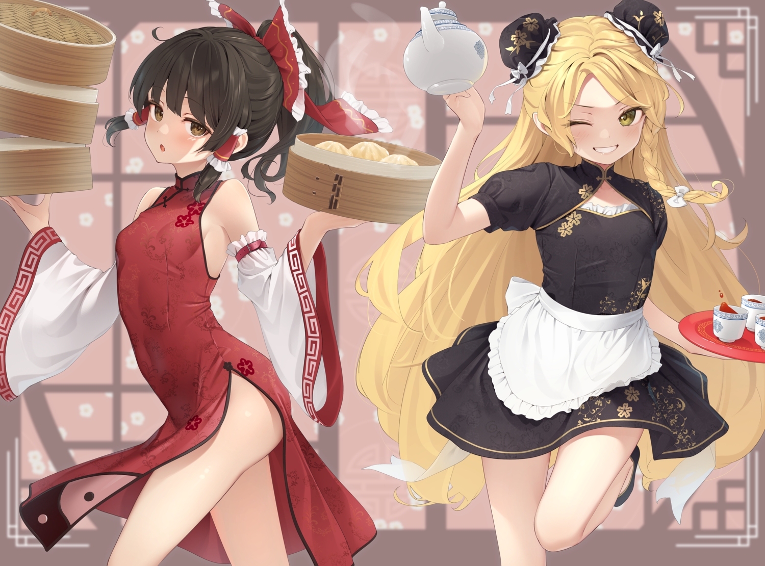 2girls, apron, blonde_hair, blush, bow, braids, brown_eyes, brown_hair, chinese_clothes, chinese_dress, dress, drink, flat_chest, food, hakurei_reimu, kanpa_(campagne_9), kirisame_marisa, long_hair, ponytail, touhou, waitress, wink, yellow_eyes