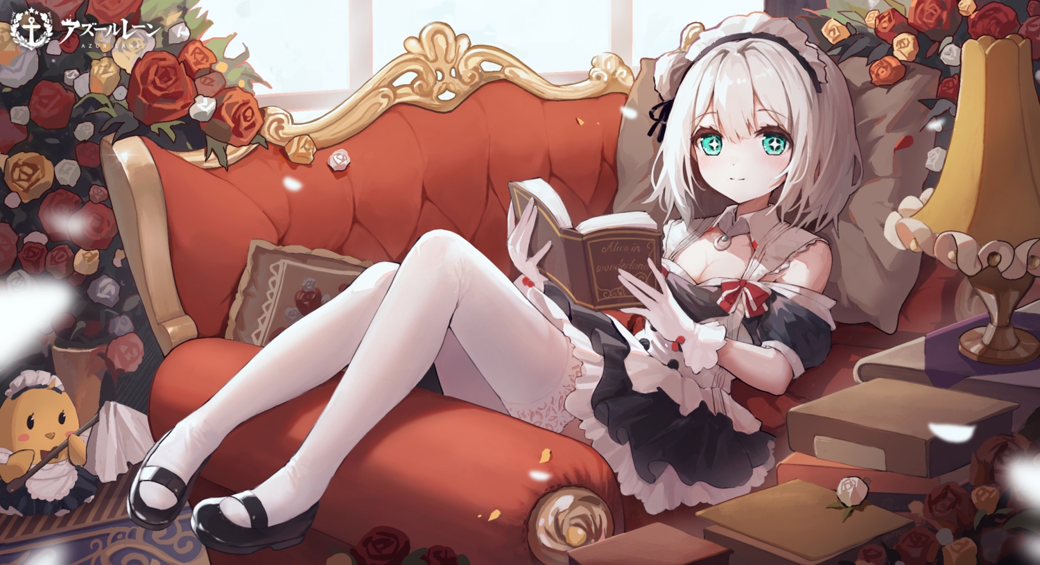 animal, anthropomorphism, azur_lane, bird, blonde_hair, blush, book, breasts