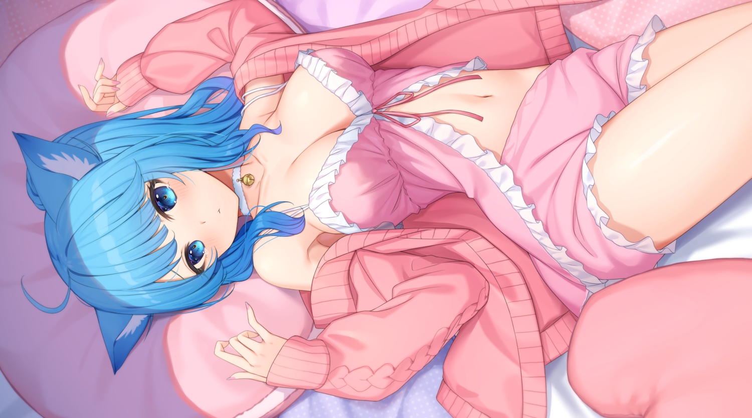 774_inc., animal_ears, aqua_eyes, aqua_hair, bed, bell, breasts, choker, cleavage, eliot_c_f, navel, pajamas, shorts, souya_ichika