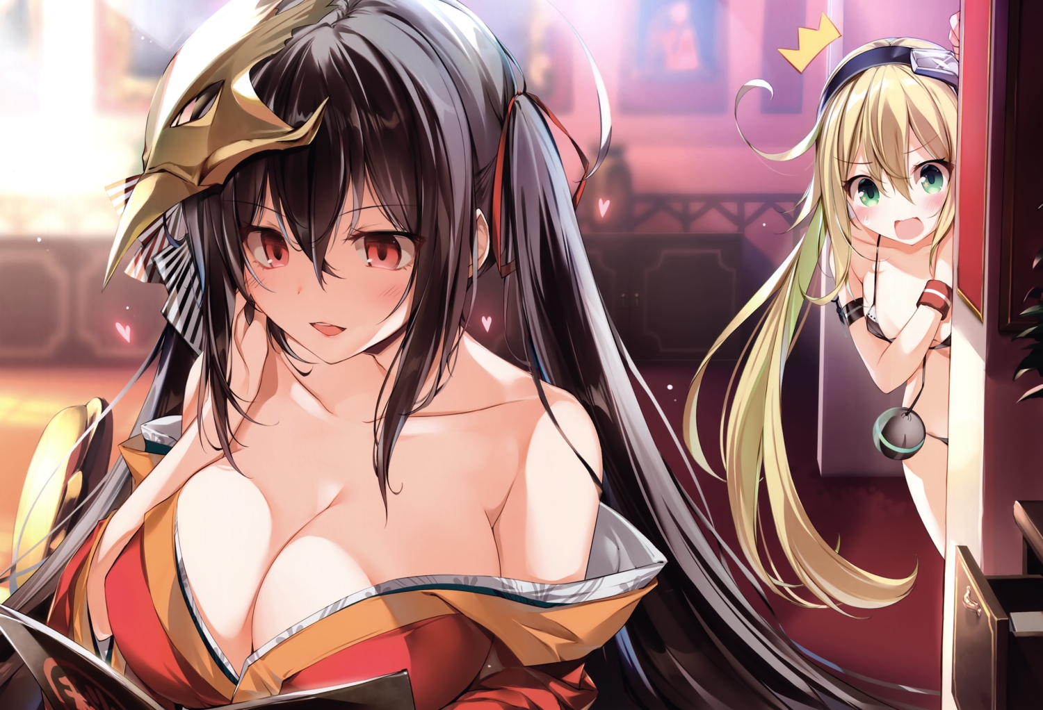 2girls, albacore_(azur_lane), anthropomorphism, azur_lane, bikini, black_hair, blonde_hair, blush