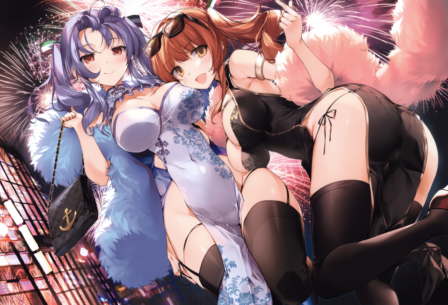 2girls, anthropomorphism, ass, azur_lane, blush, brown_eyes, chinese_clothes, chinese_dress