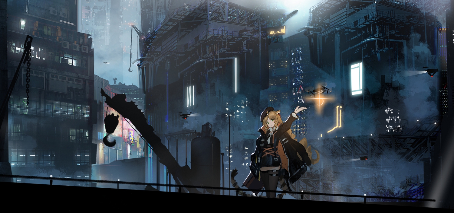 animal_ears, arknights, building, cape, city, hat, industrial, long_hair
