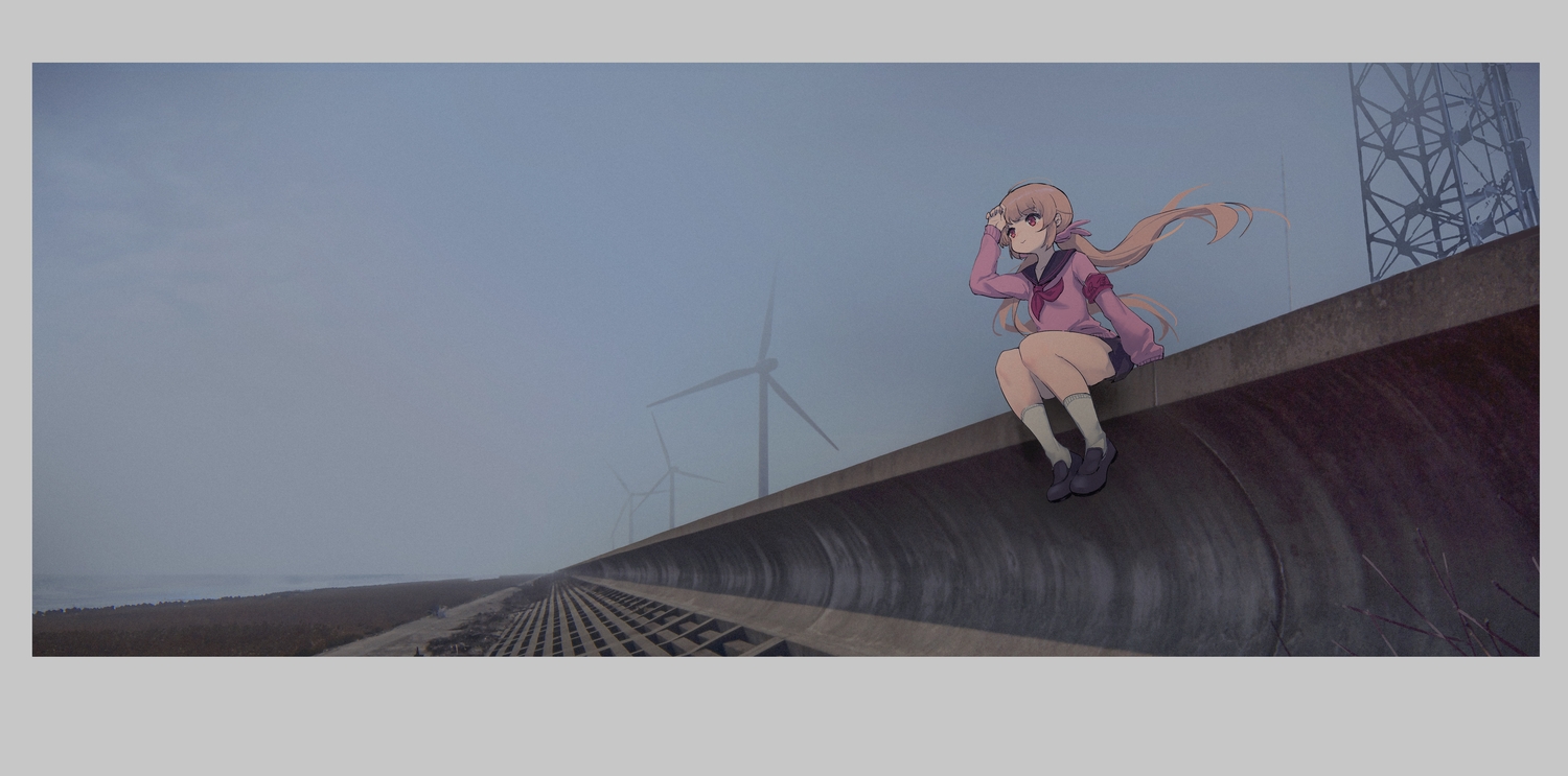 brown_hair, kneehighs, long_hair, natori_sana, red_eyes, sana_channel, scenic, school_uniform
